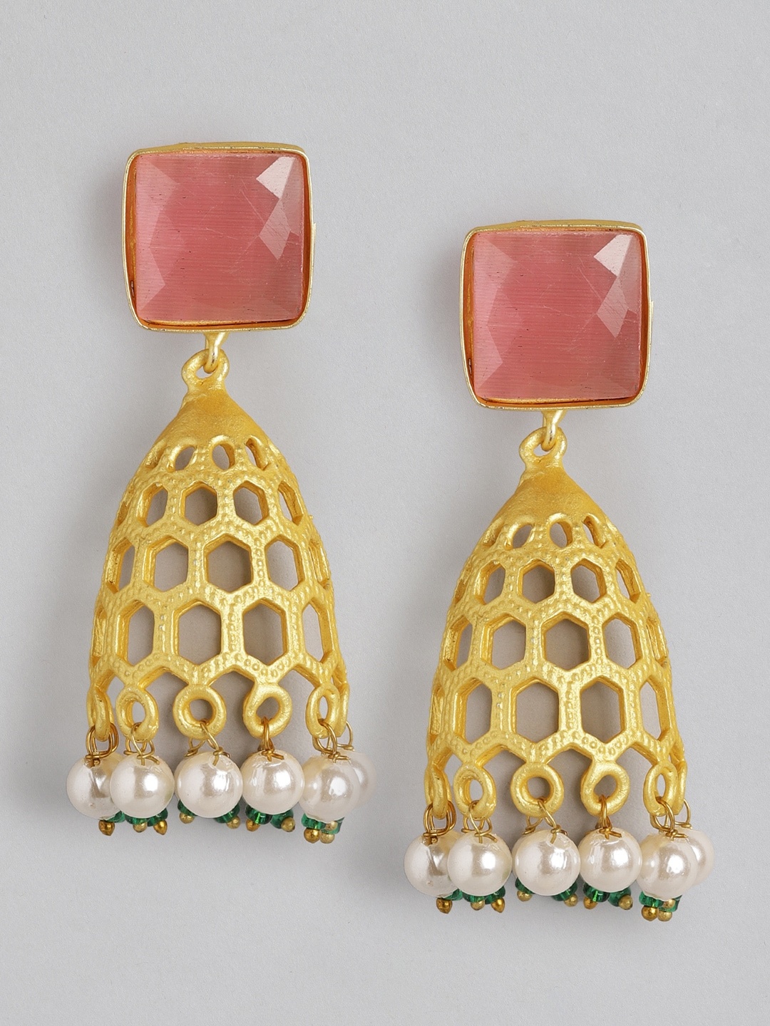 

Anouk Gold-Toned & Pink Stone Studded & Beaded Honeycomb Textured Dome Shaped Jhumkas