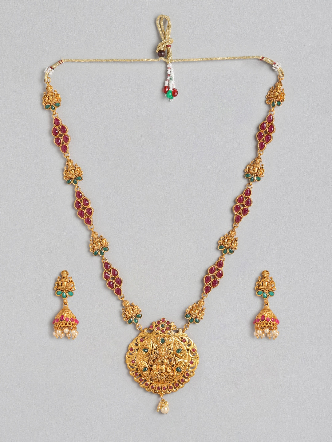 

Anouk Women Gold-Toned & Pink Goddess Laxmi Stone Studded & Beaded Temple Necklace