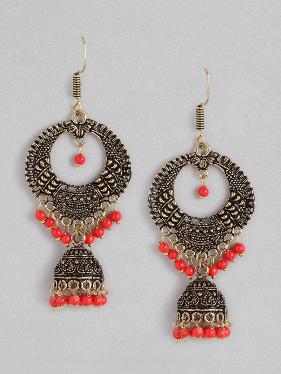 

Anouk Peach-Coloured & Gold-Toned Antique Beaded Dome Shaped Jhumkas
