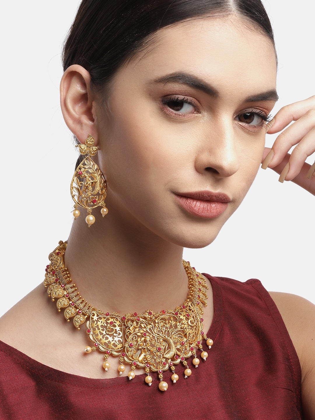 

Anouk Women Gold-Toned & Pink Krishna Stone Studded & Beaded Temple Necklace