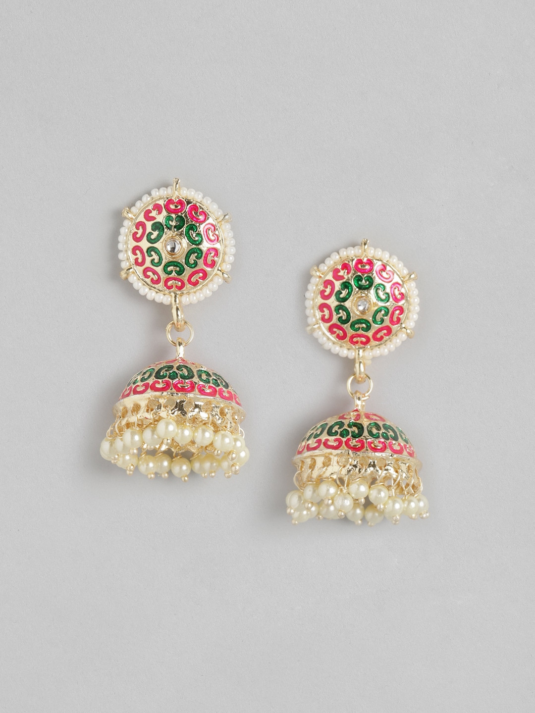 

Anouk Pink & Gold-Toned Enamelled Stone-Studded & Beaded Dome Shaped Jhumkas
