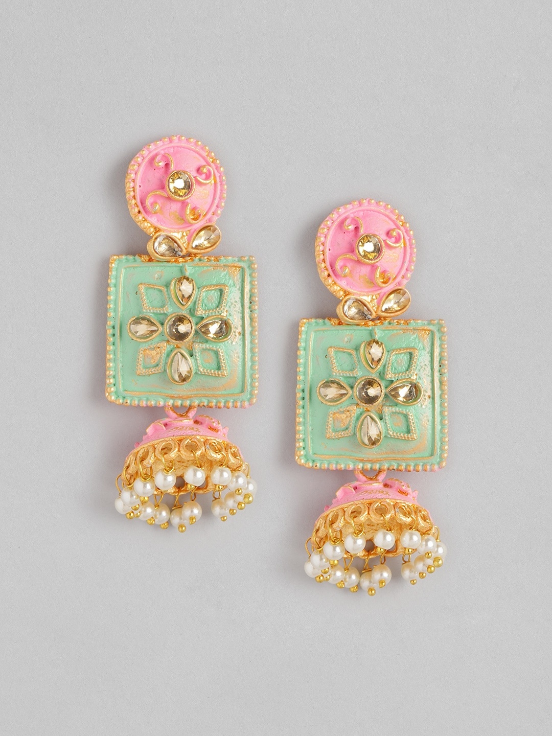 

Anouk Pink & Green Stone-Studded & Beaded Geometric Jhumkas
