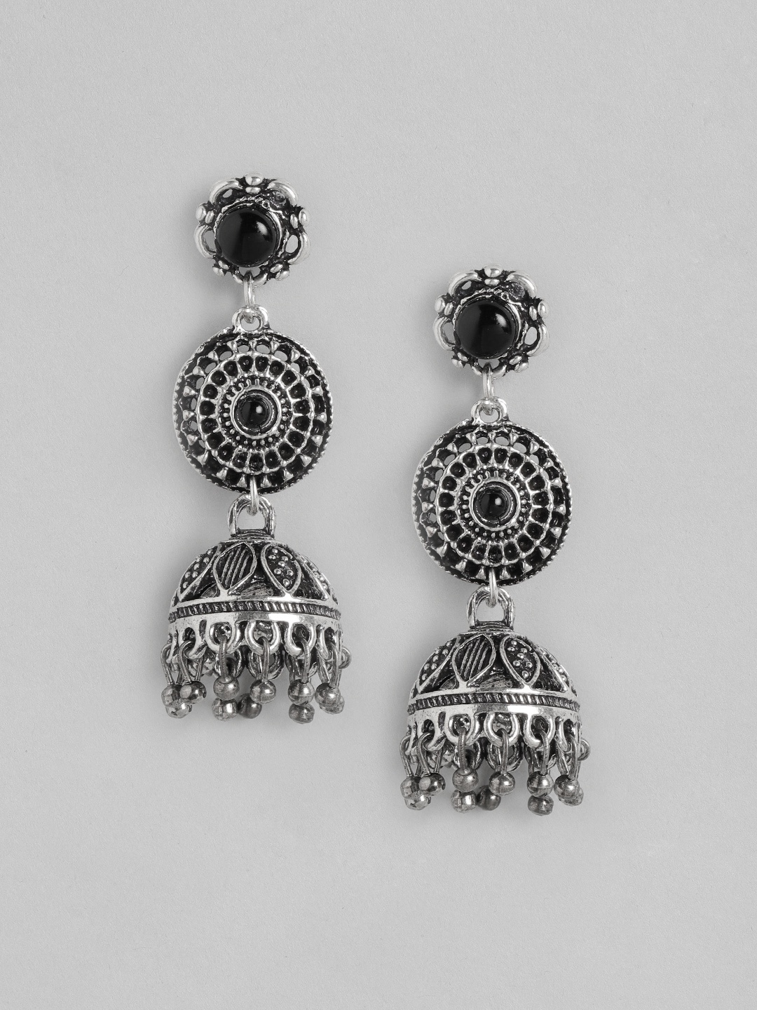 

Anouk Silver-Toned Oxidised Circular Dome Shaped Jhumkas