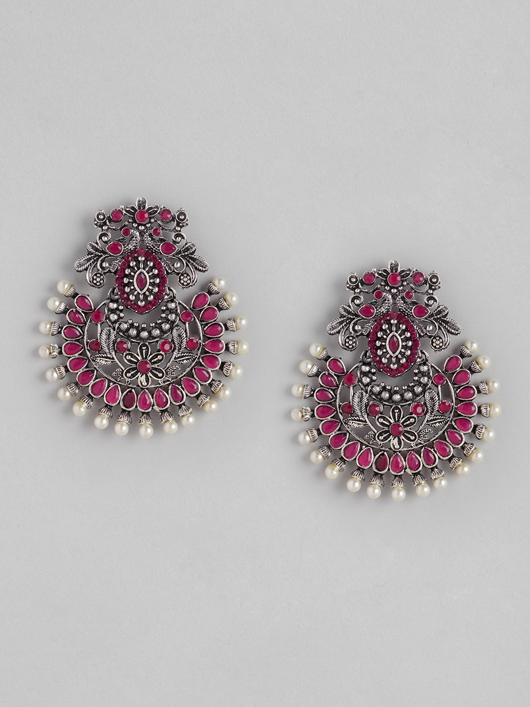 

Anouk Pink & Silver-Toned Oxidised Stone-Studded & Beaded Crescent Shaped Chandbalis