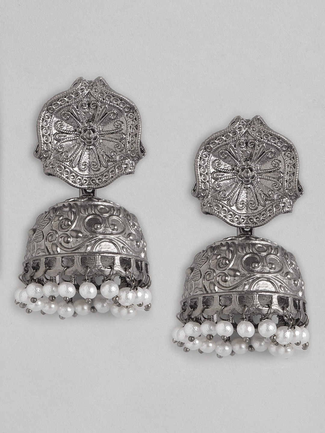

Anouk Oxidised Silver-Toned Beaded Dome Shaped Jhumkas Earrings