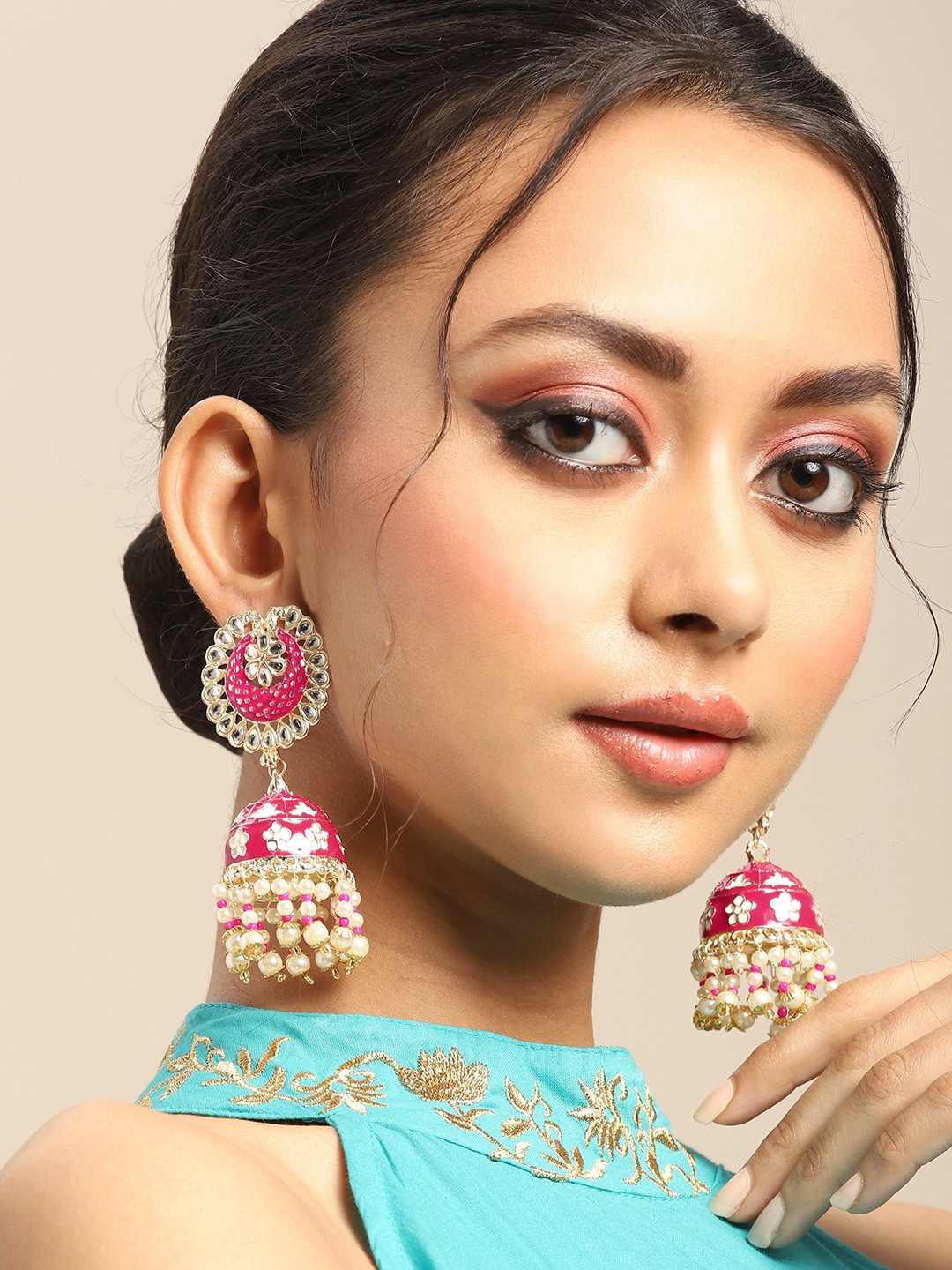 

Anouk Pink & Gold-Toned Stone Studded & Beaded Dome Shaped Jhumkas Earrings