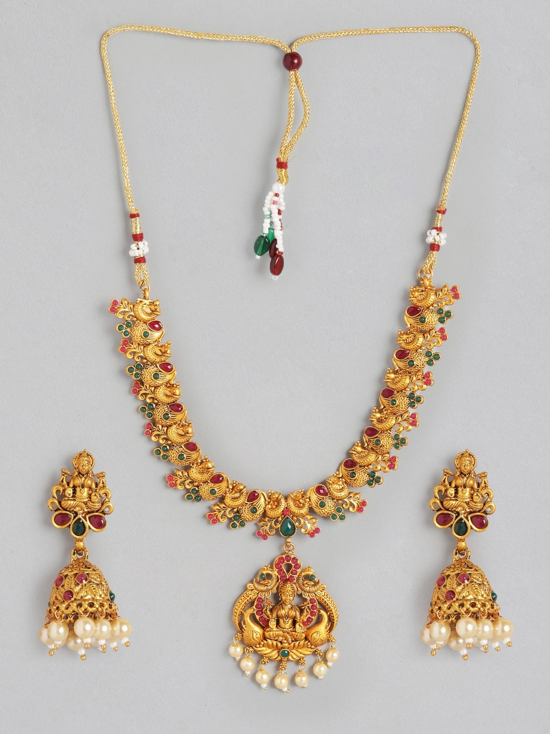 

Anouk Pink & Gold-Toned Stone-Studded & Beaded Temple Necklace Set