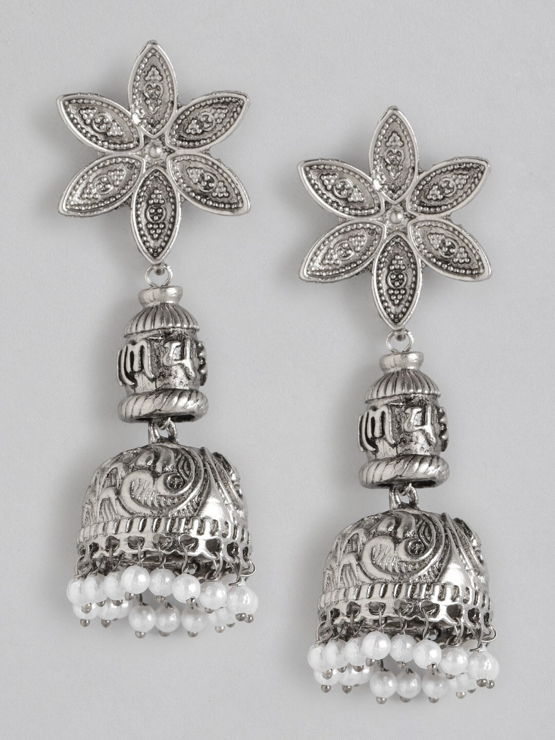 

Anouk Oxidised Silver-Toned Beaded Dome Shaped Jhumkas