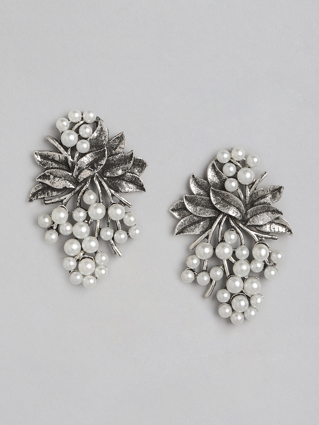 

Anouk Silver-Toned & Off White Oxidised Beaded Contemporary Drop Earrings