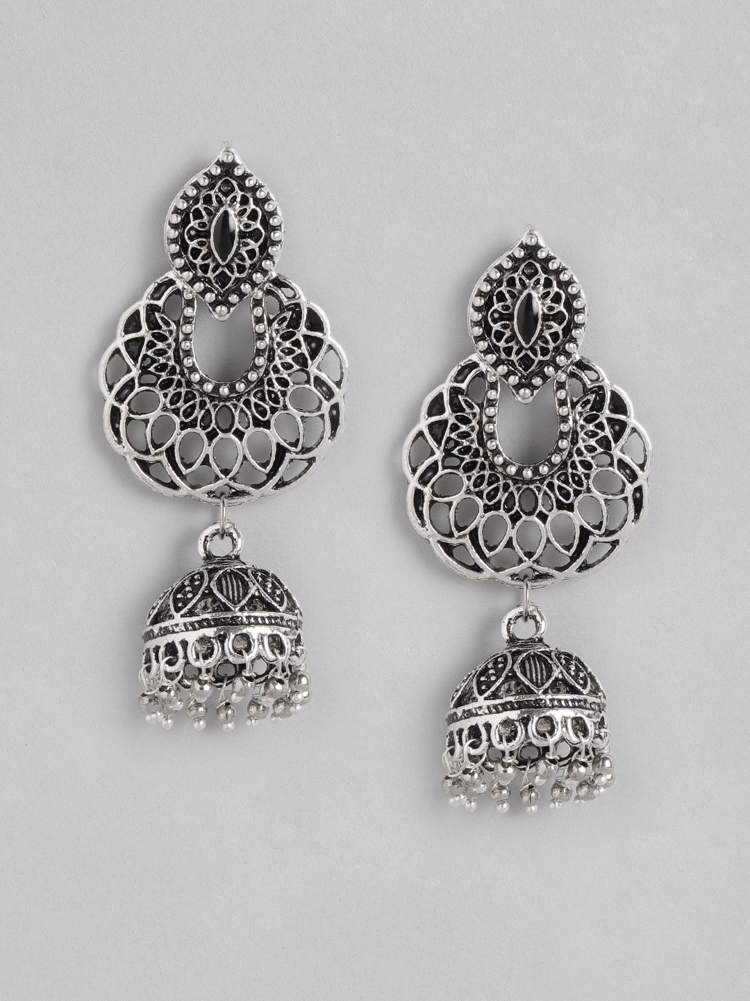 

Anouk Silver-Toned Oxidised Geometric Dome Shaped Jhumkas