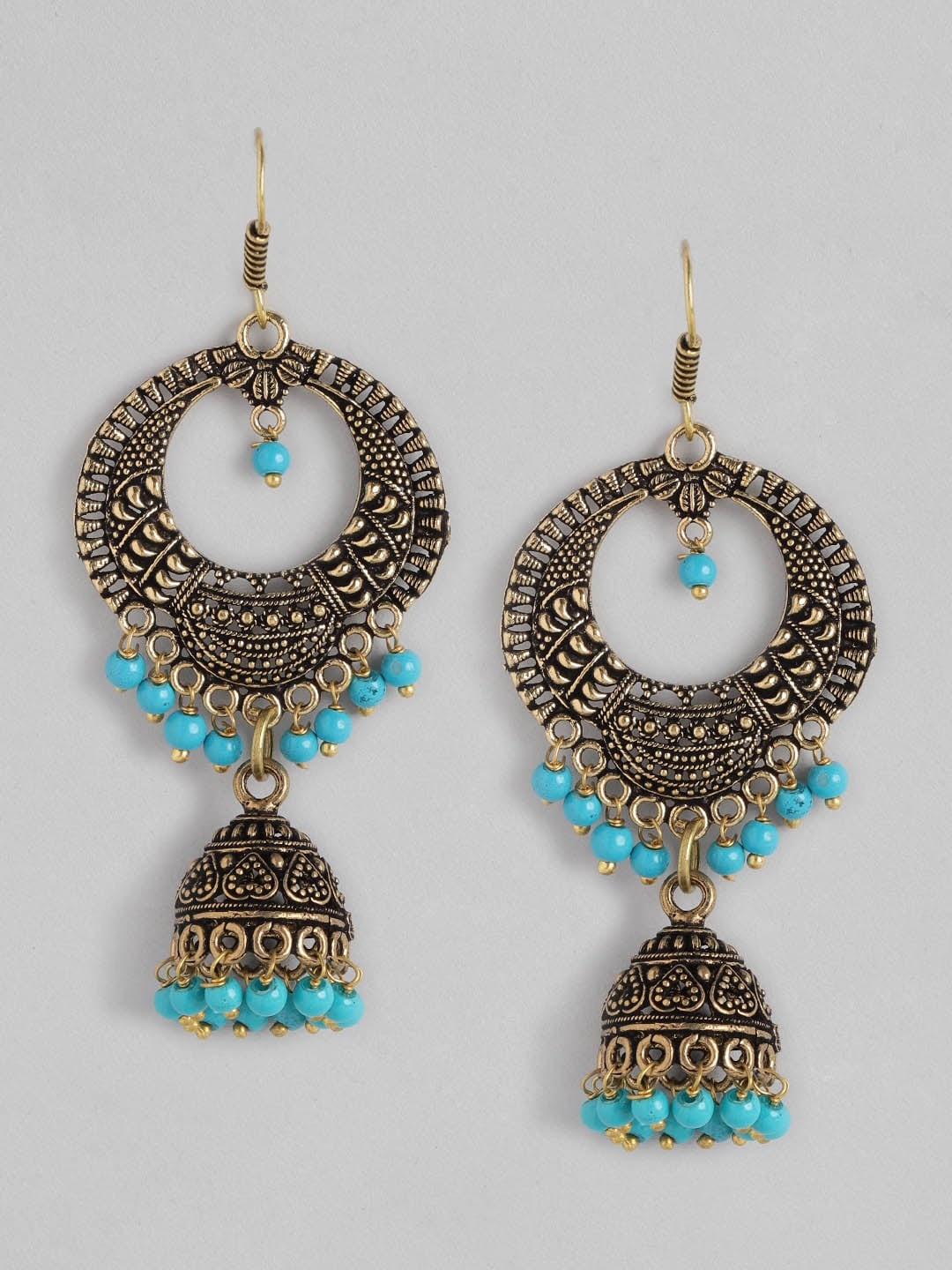 

Anouk Antique Gold-Toned & Green Beaded Crescent Shaped Chandbalis Earrings
