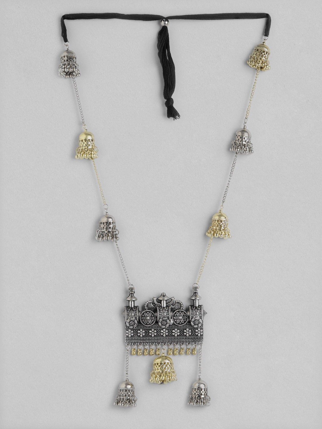 

Anouk Silver-Toned & Gold-Toned Oxidised Jhumki Detail Necklace