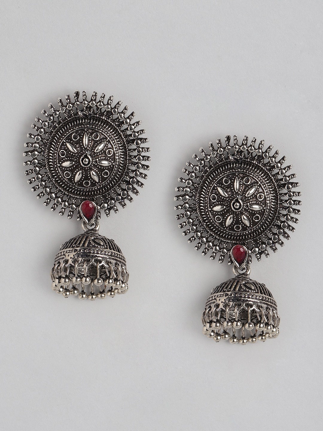 

Anouk Silver-Toned & Maroon Oxidised Stone Studded Dome Shaped Jhumkas