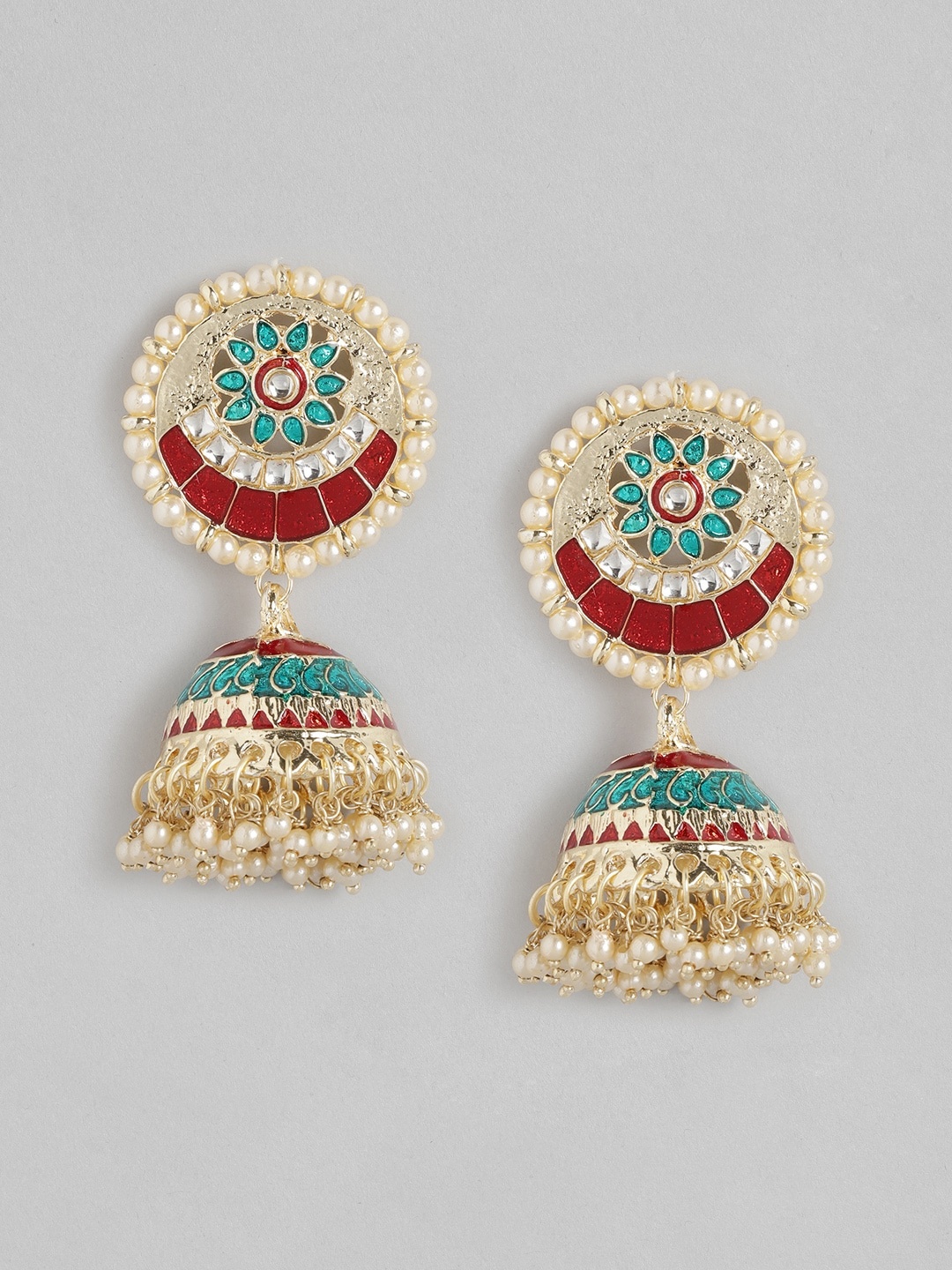 

Anouk Blue & Maroon Stone Studded & Beaded Enameled Dome Shaped Jhumkas