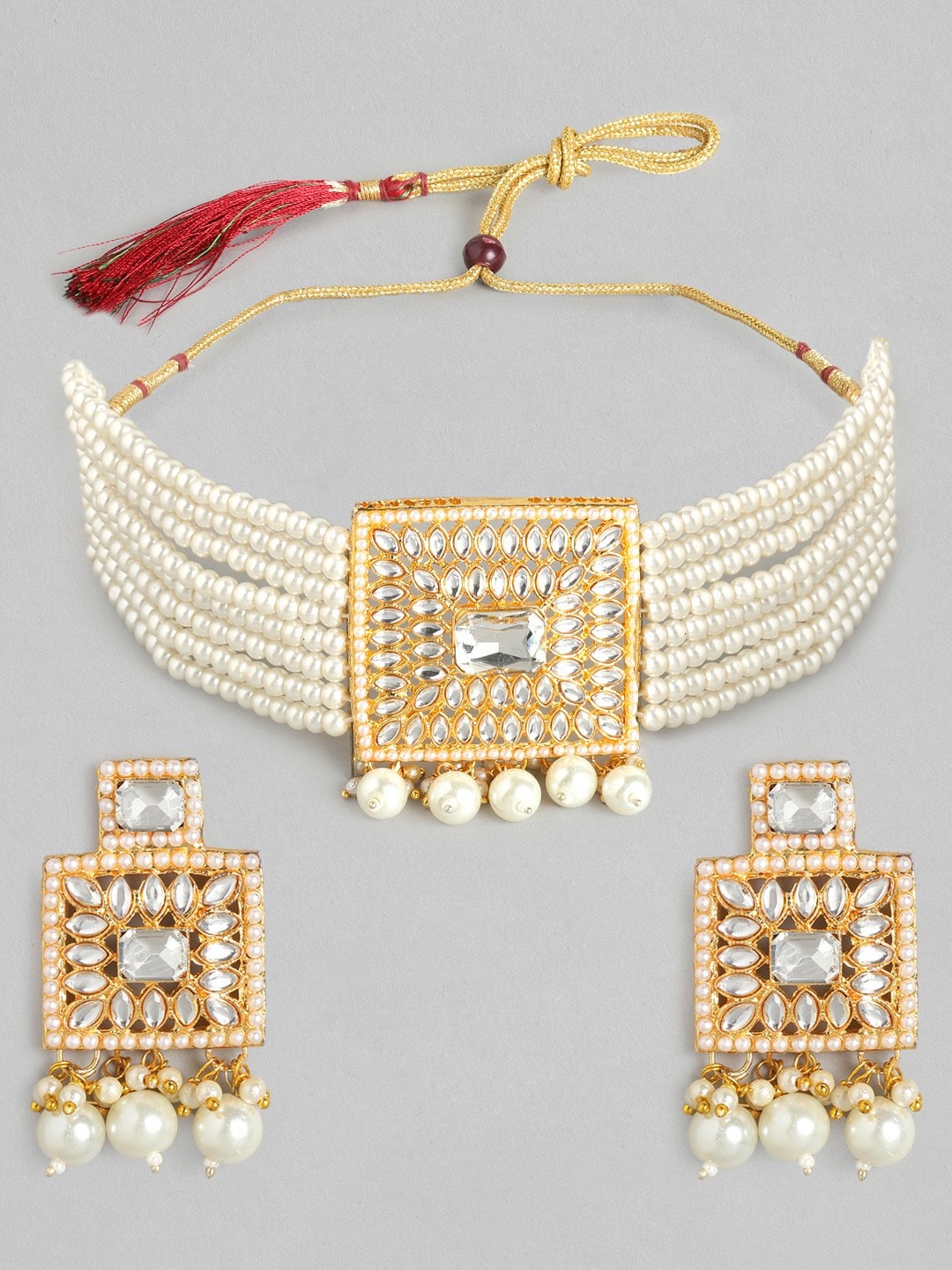 

Anouk Off White & Gold-toned Stone Studded & Beaded Choker Jewellery Set