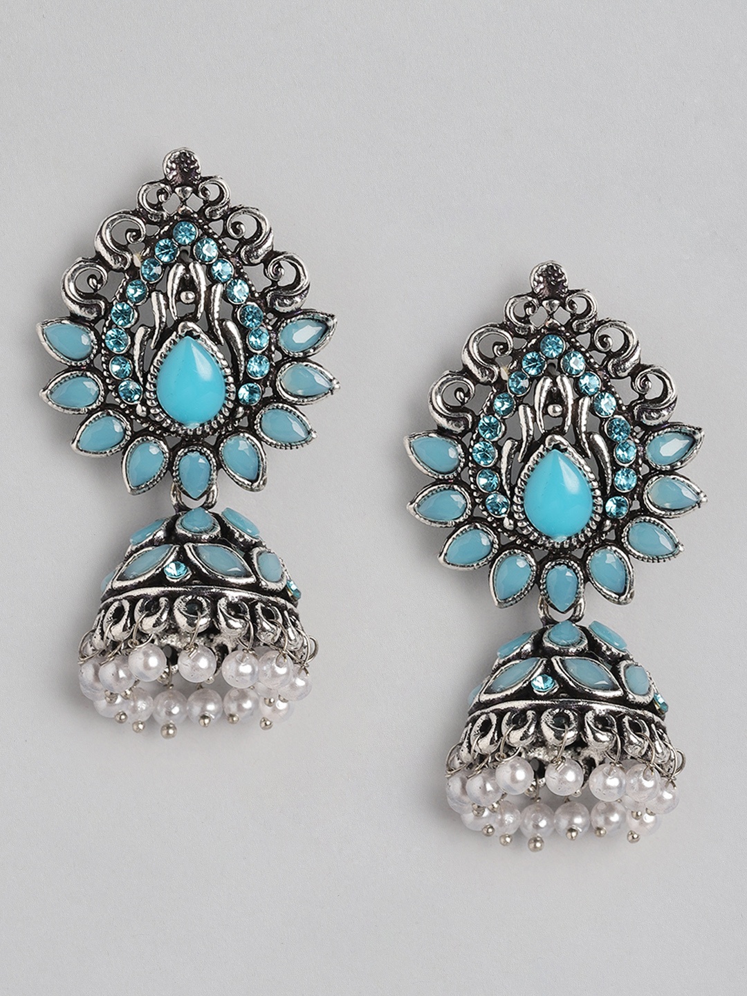 

Anouk Silver-Toned & Blue Oxidised Stone Studded & Beaded Dome Shaped Jhumkas