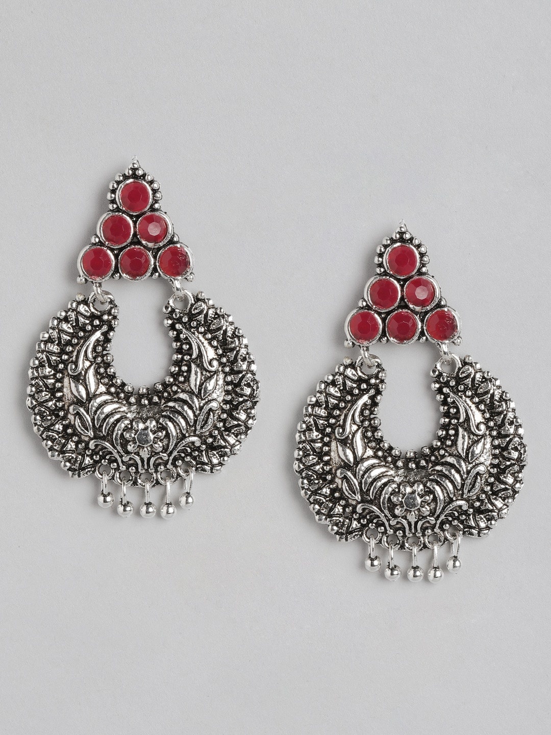 

Anouk Oxidised Silver-Toned & Pink Stone Studded Chandbalis