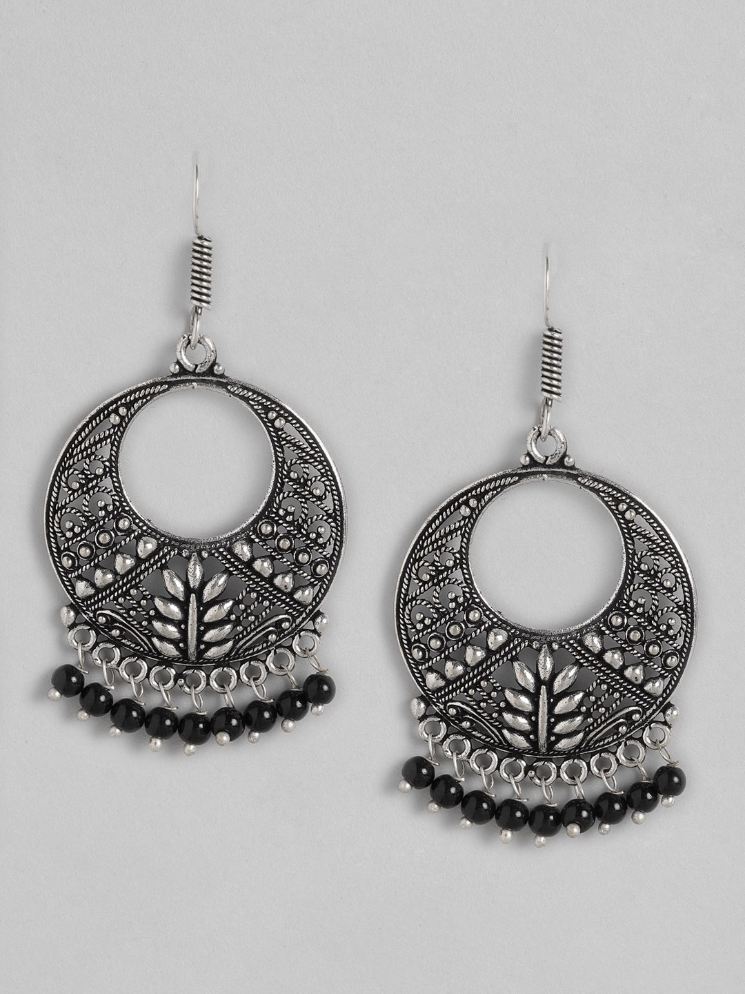 

Anouk Oxidised Silver-Toned & Black Beaded Crescent Shaped Chandbalis