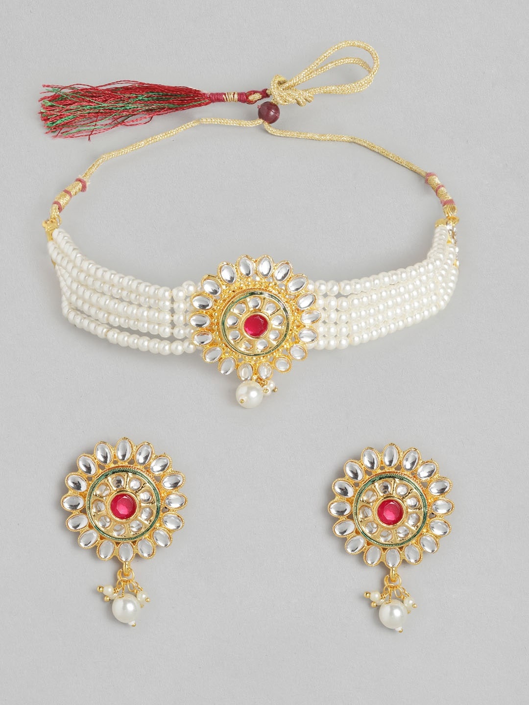 

Anouk Off-White & Gold-Toned Stone-Studded & Beaded Choker Necklace Set