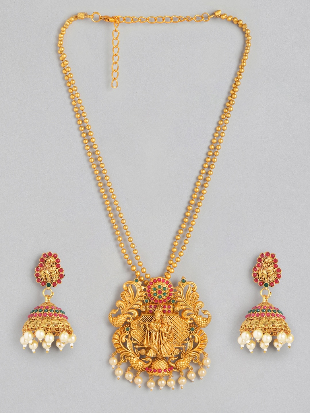 

Anouk Pink & Green Gold-Toned Temple Stone Studded & Beaded Jewellery Set