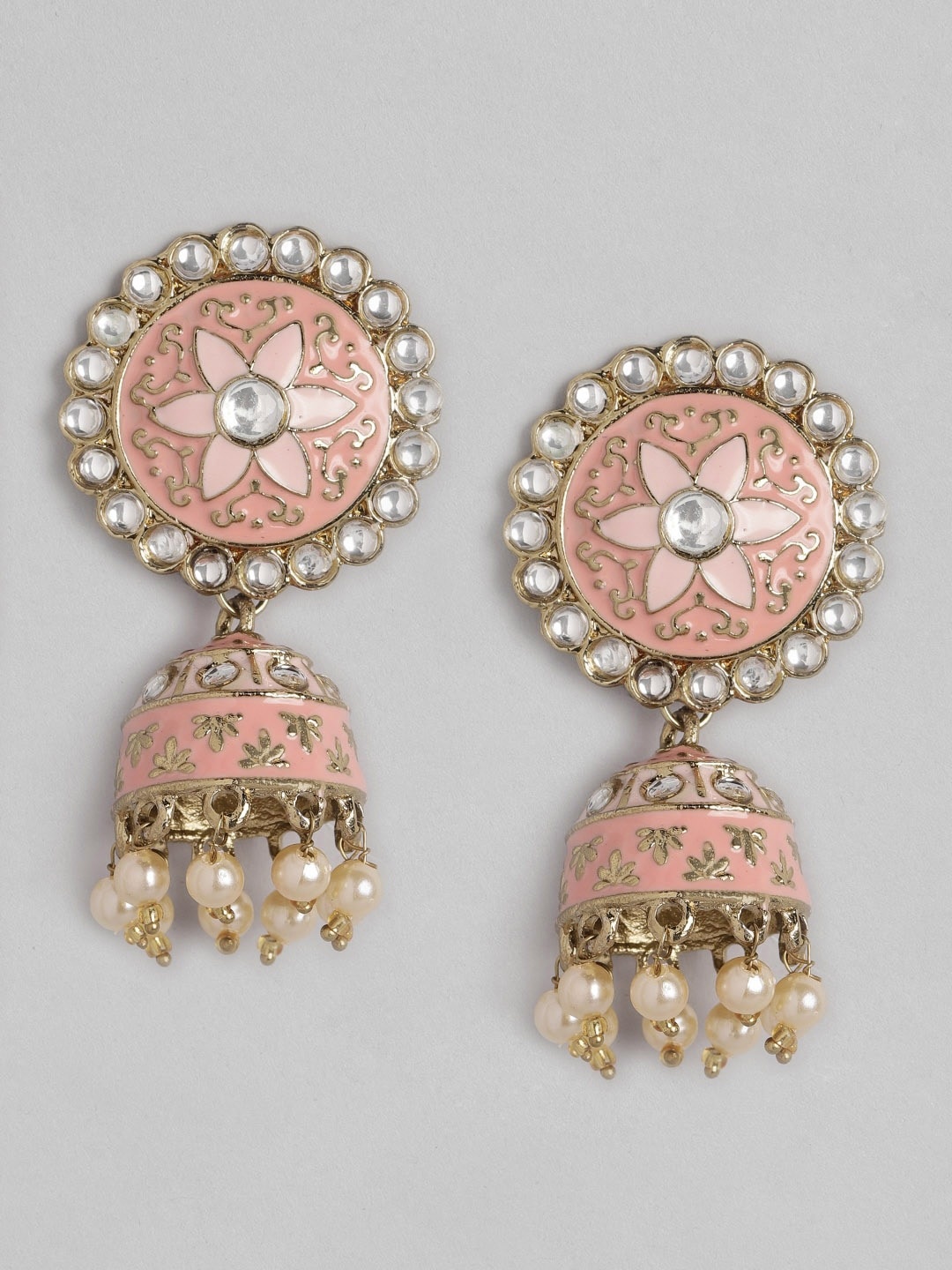 

Anouk Gold-Toned & Pink Stone Studded & Beaded Enamelled Dome Shaped Jhumkas
