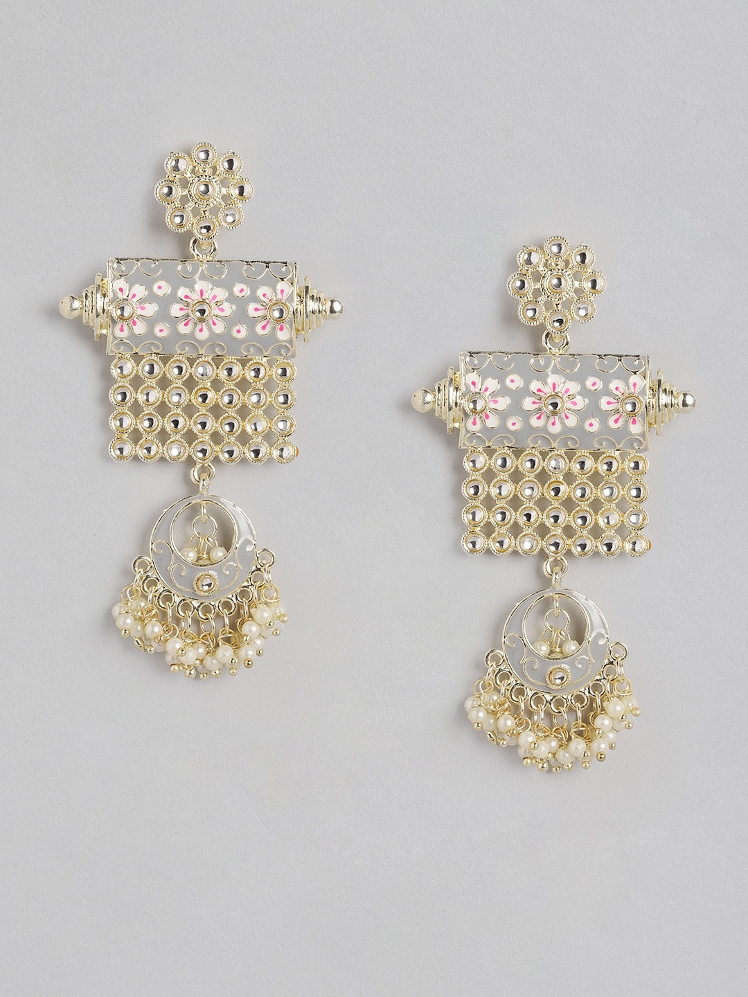 

Anouk Gold-Toned & Grey Stone Studded & Beaded Enamelled Geometric Drop Earrings