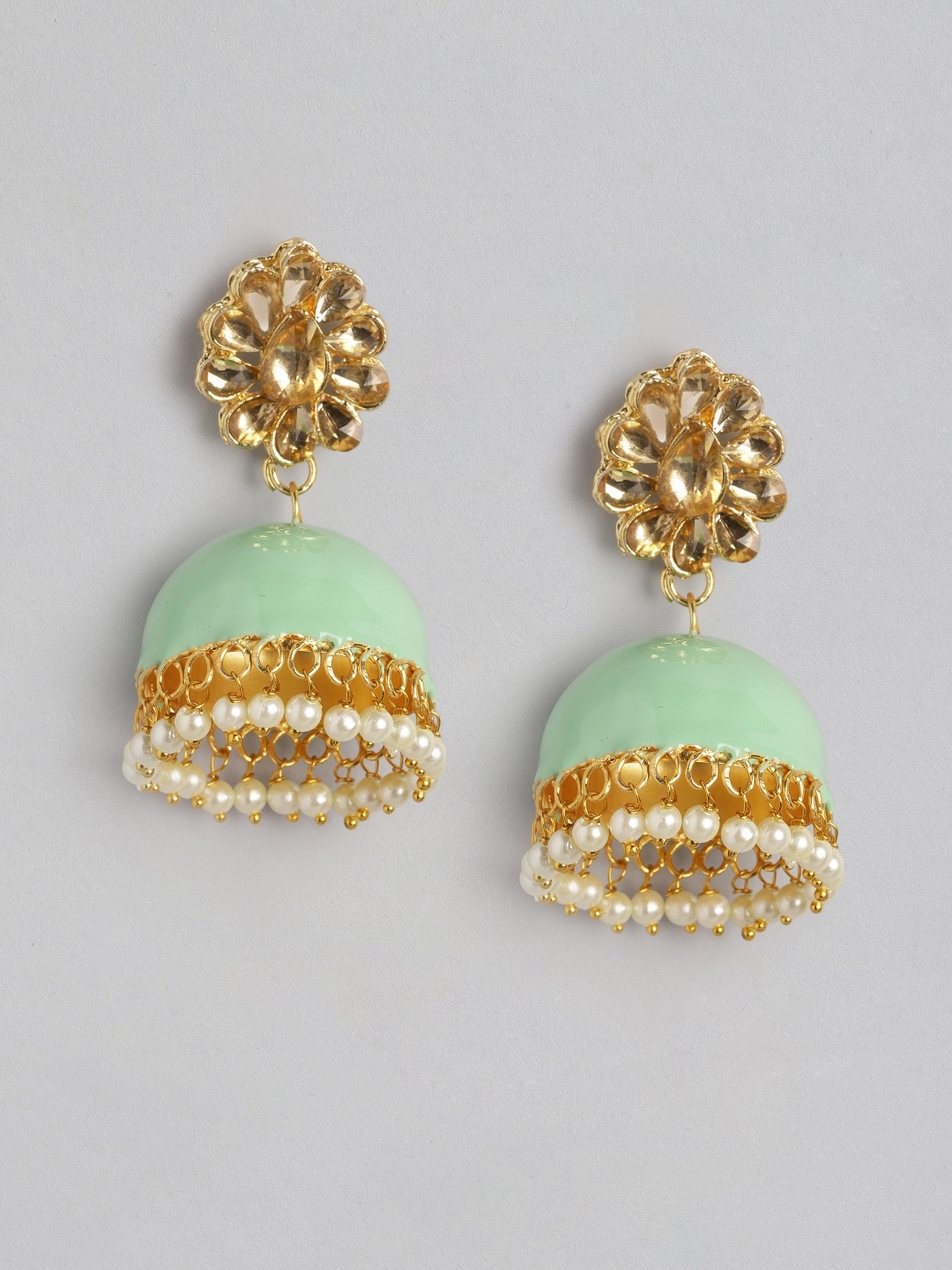 

Anouk Gold-Toned & Green Stone Studded & Beaded Enamelled Dome Shaped Jhumkas