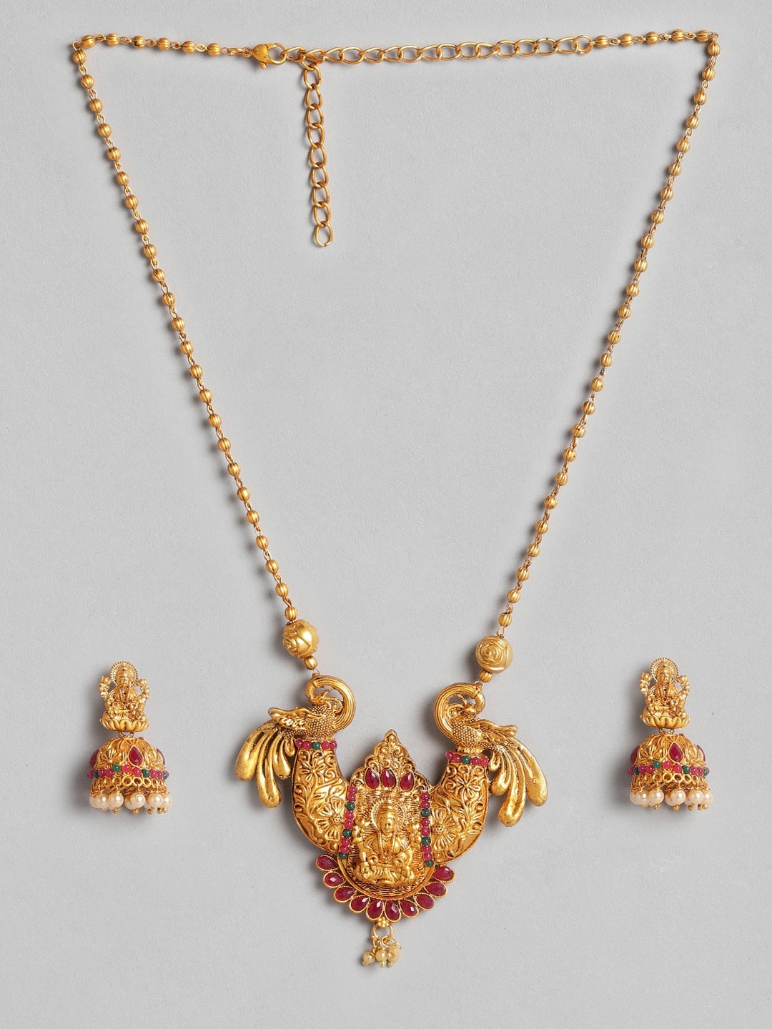 

Anouk Women Gold-Toned & Green Goddess Laxmi Stone Studded & Beaded Temple Necklace
