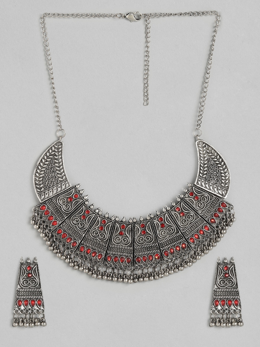 

Anouk Red & Oxidised Silver-Toned Stone Studded Jewellery Set