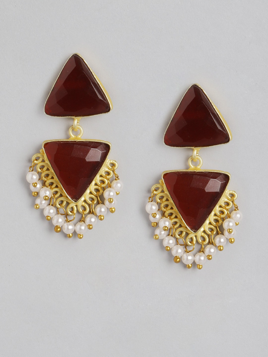 

Anouk Gold-Toned & Maroon Stone Studded & Beaded Triangular Drop Earrings