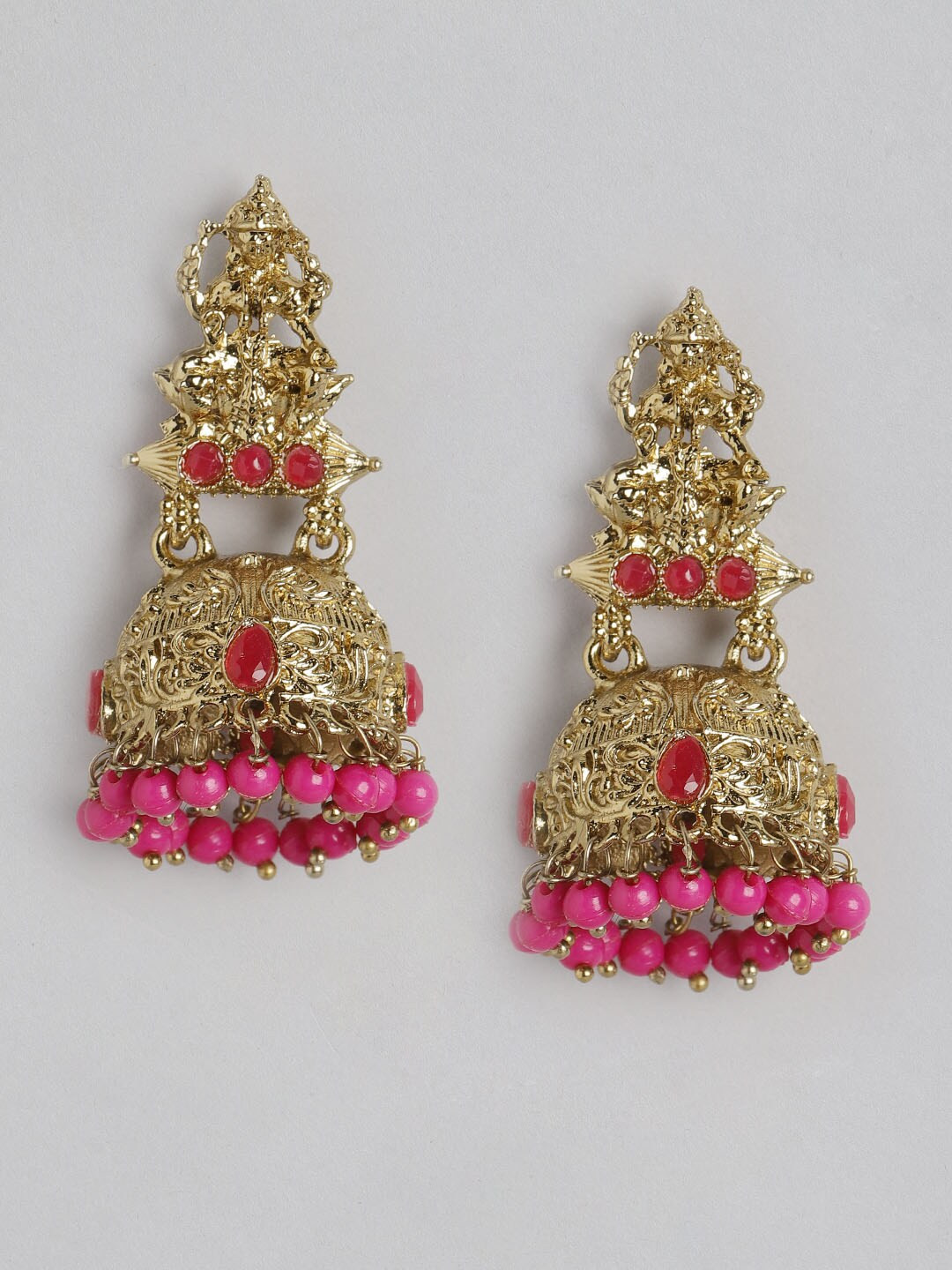 

Anouk Gold-Toned & Pink Stone Studded & Beaded Dome Shaped Lakshmi Jhumkas