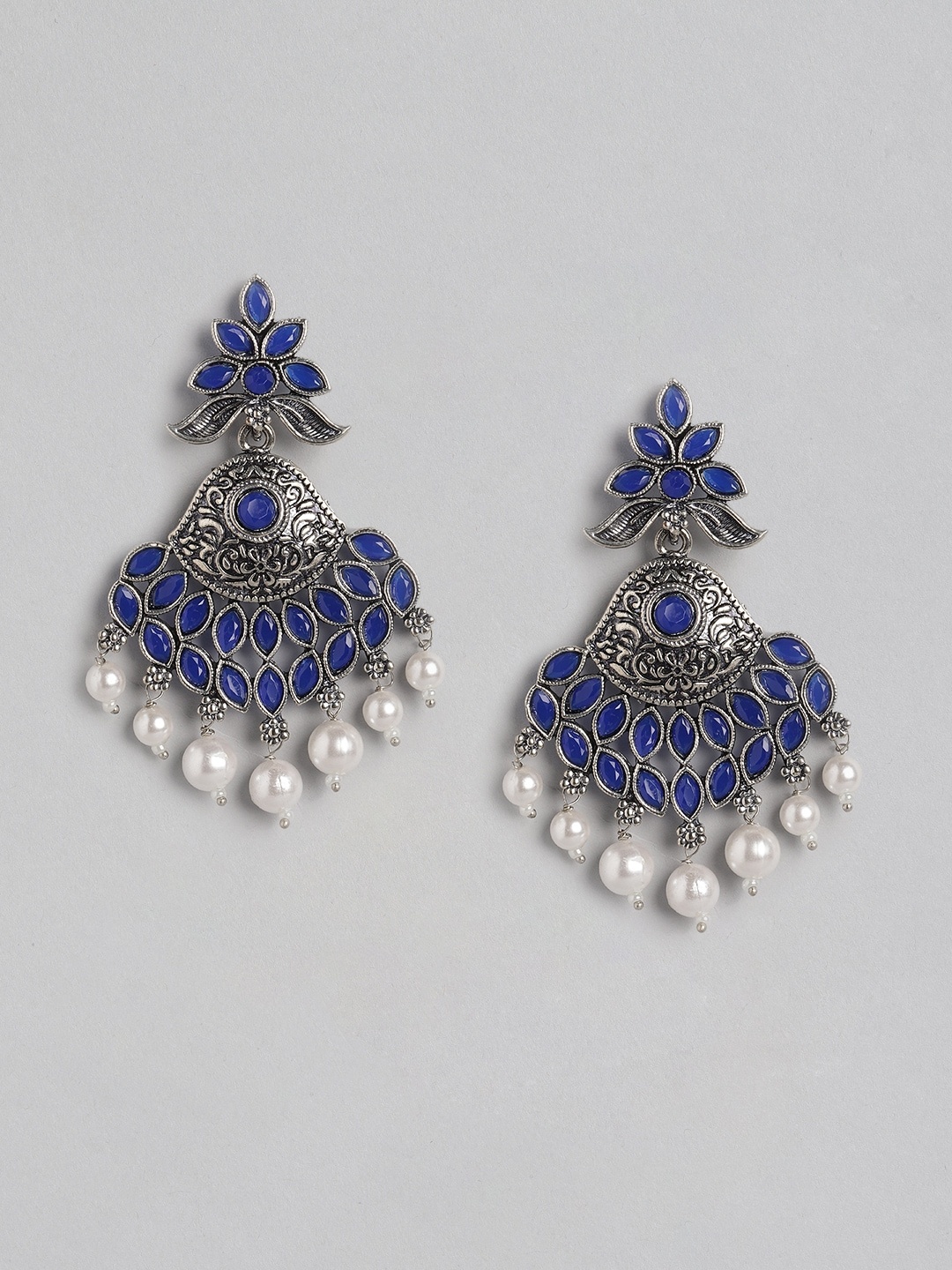 

Anouk Oxidised Silver-Toned & Blue Stone Studded & Beaded Classic Drop Earrings