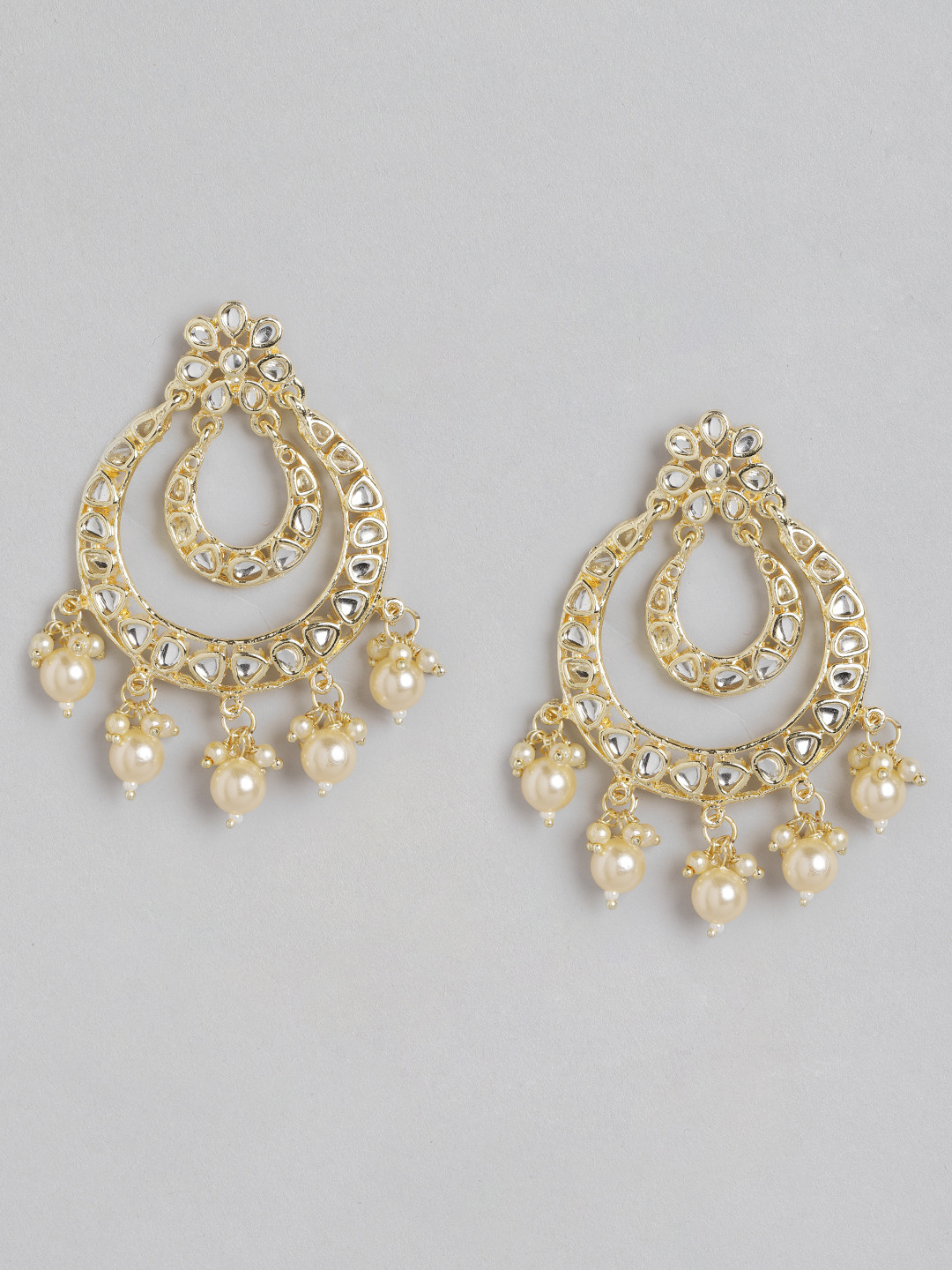

Anouk Gold-Toned & Off White Kundan Studded & Beaded Crescent Shaped Chandbalis