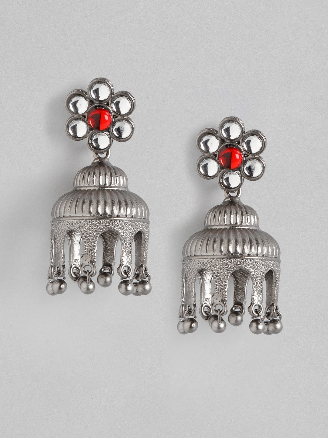 

Anouk Oxidised Silver-Toned & Red Stone Studded Dome Shaped Jhumkas Earrings