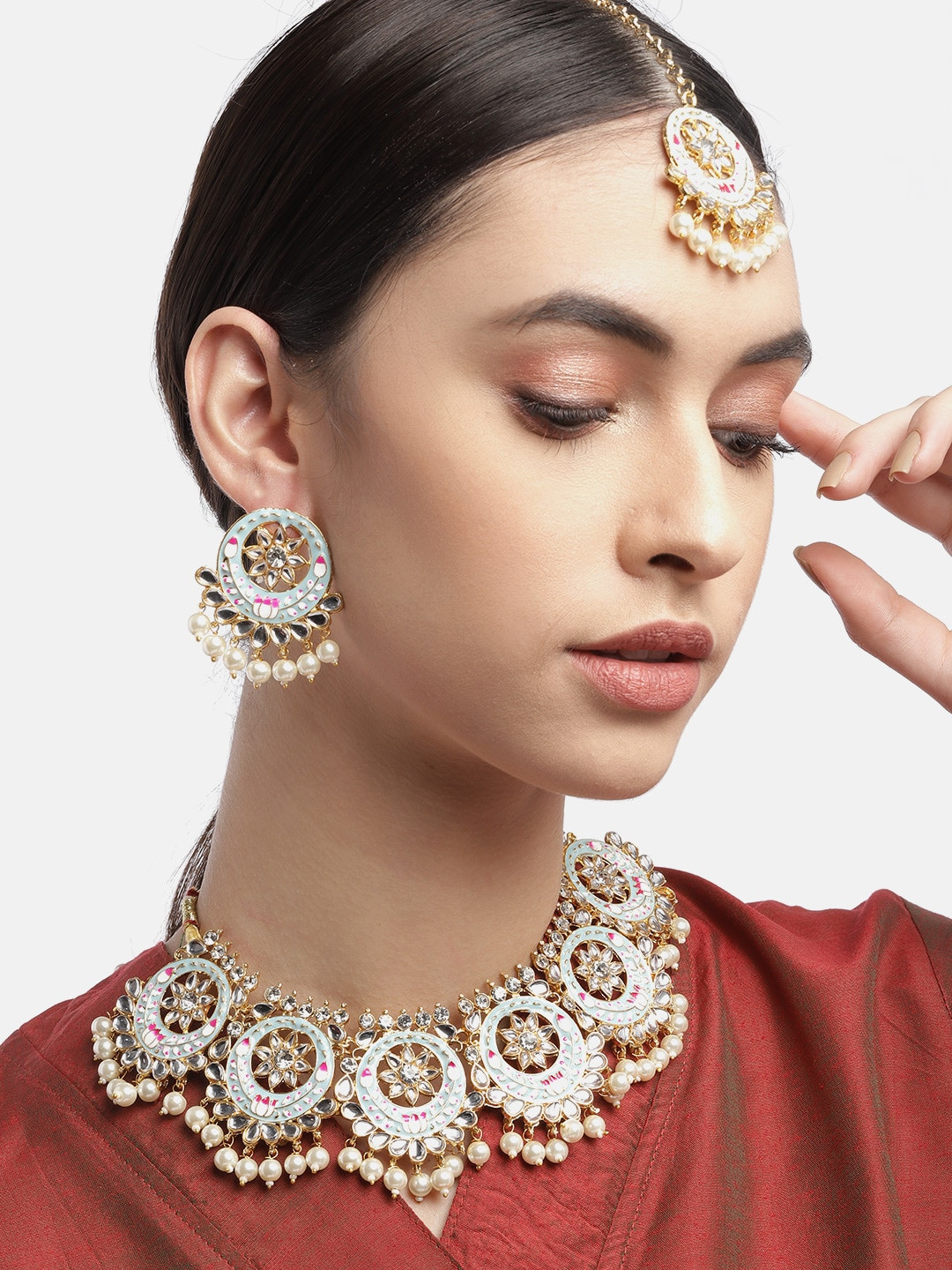 

Anouk Gold-Toned & Blue Enamelled Stone Studded & Beaded Jewellery Set
