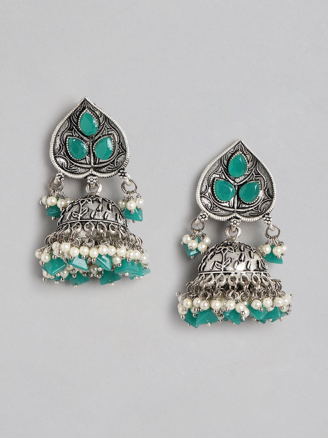 

Anouk Oxidised Silver-Toned & Green Stone Studded & Beaded Dome Shaped Jhumkas