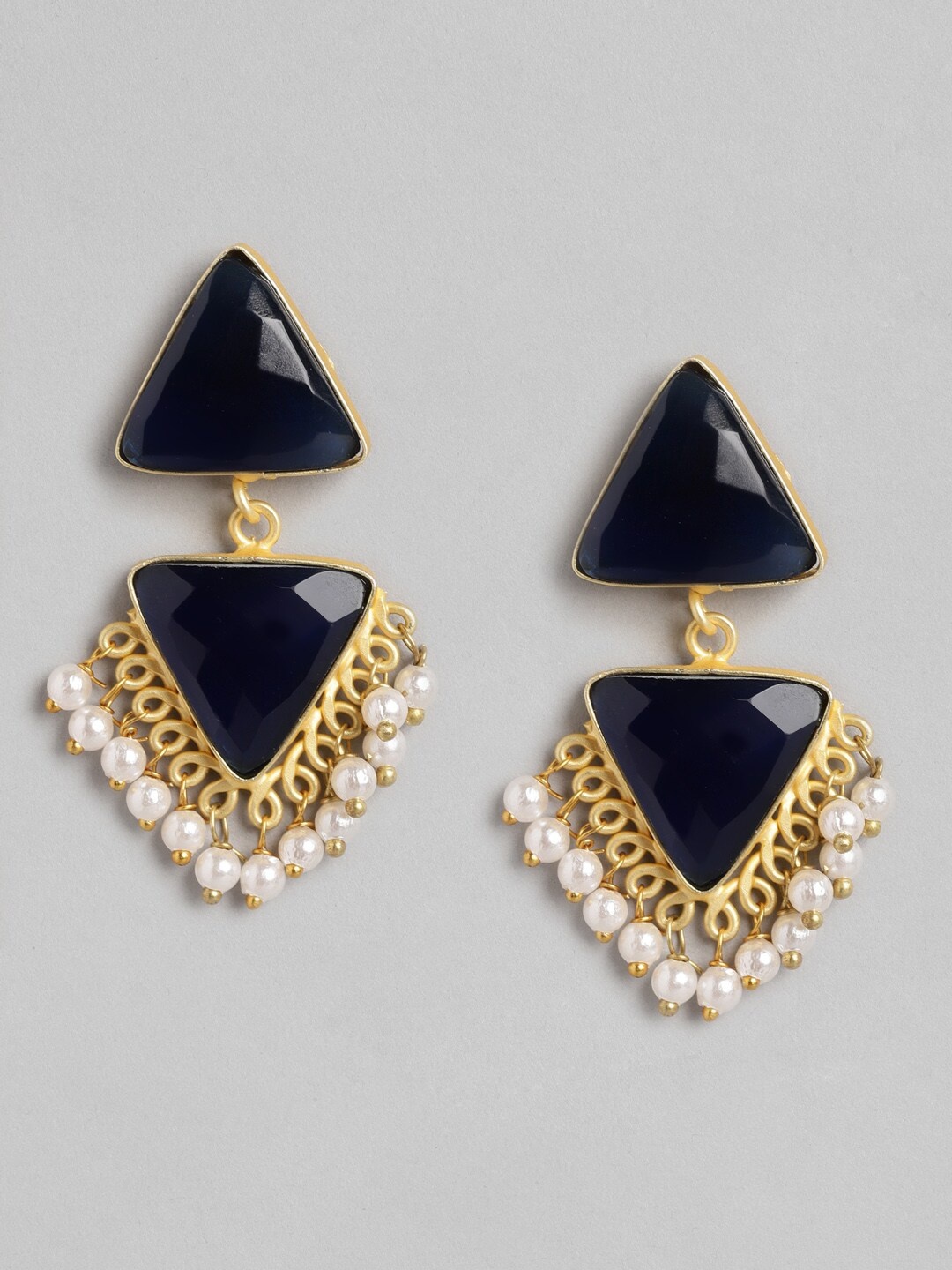 

Anouk Gold-Toned & Navy Blue Stone Studded & Beaded Triangular Drop Earrings
