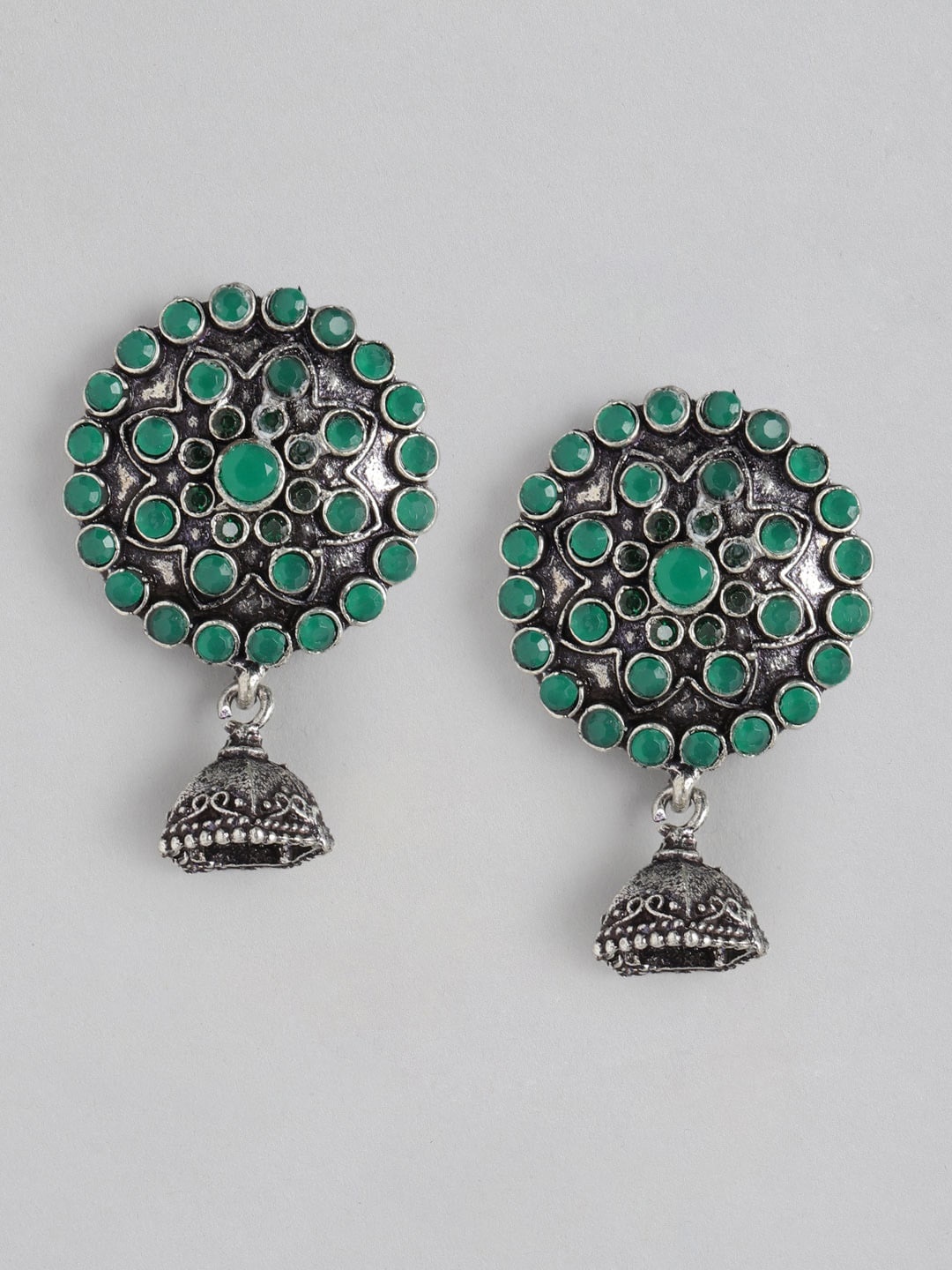 

Anouk Silver-Toned & Green Oxidised & Stone -Studded Circular Jhumka