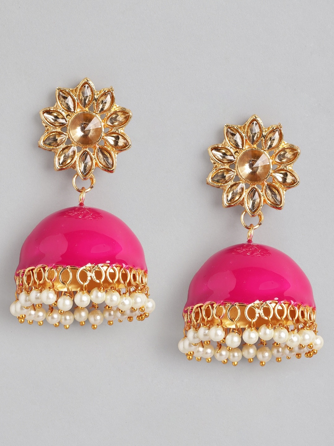 

Anouk Gold-Toned & Pink Stone Studded & Beaded Enamelled Dome Shaped Jhumkas