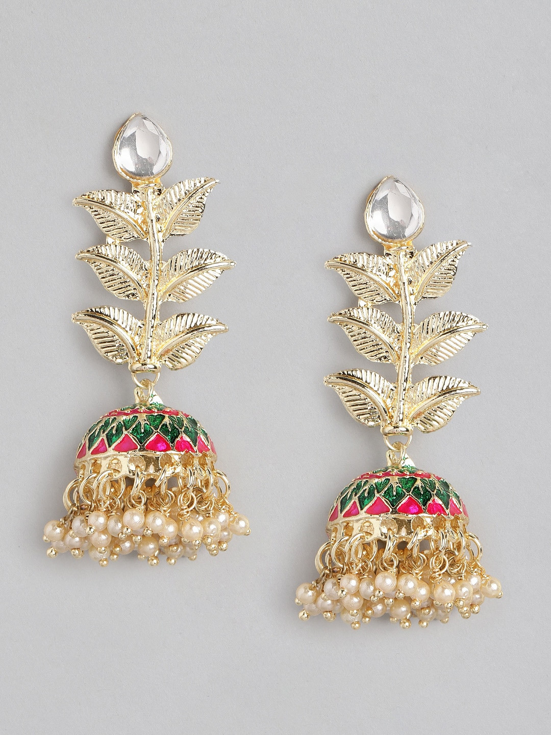

Anouk Gold-Toned & Green Stone Studded & Beaded Enamelled Dome Shaped Jhumkas