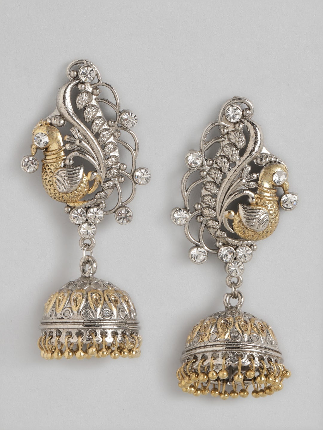 

Anouk Silver-Toned & Gold-Toned Oxidised Stone-Studded Peacock Dome Shaped Jhumkas