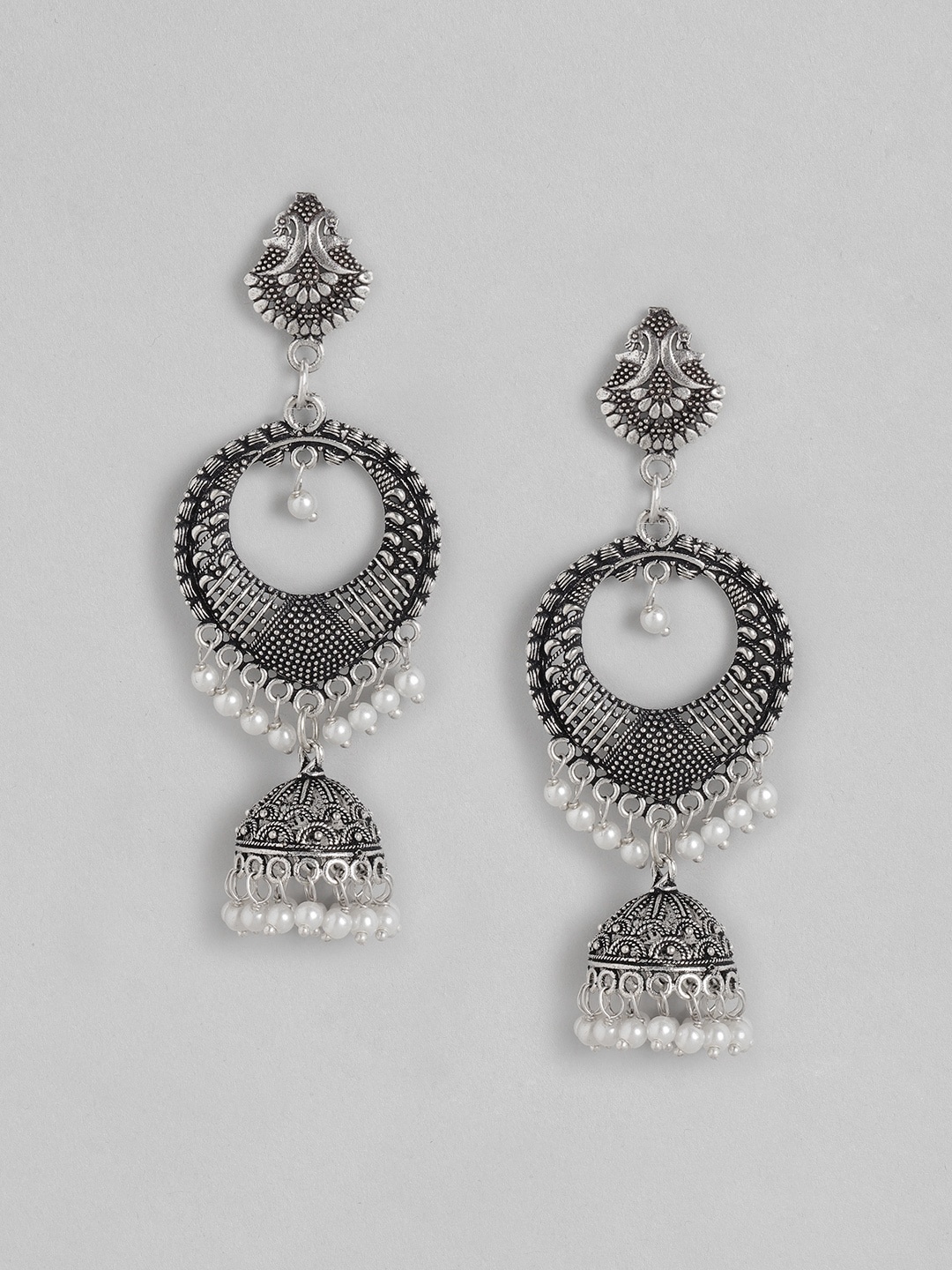 

Anouk White & Silver-Toned Oxidised Beaded Geometric Dome Shaped Jhumkas