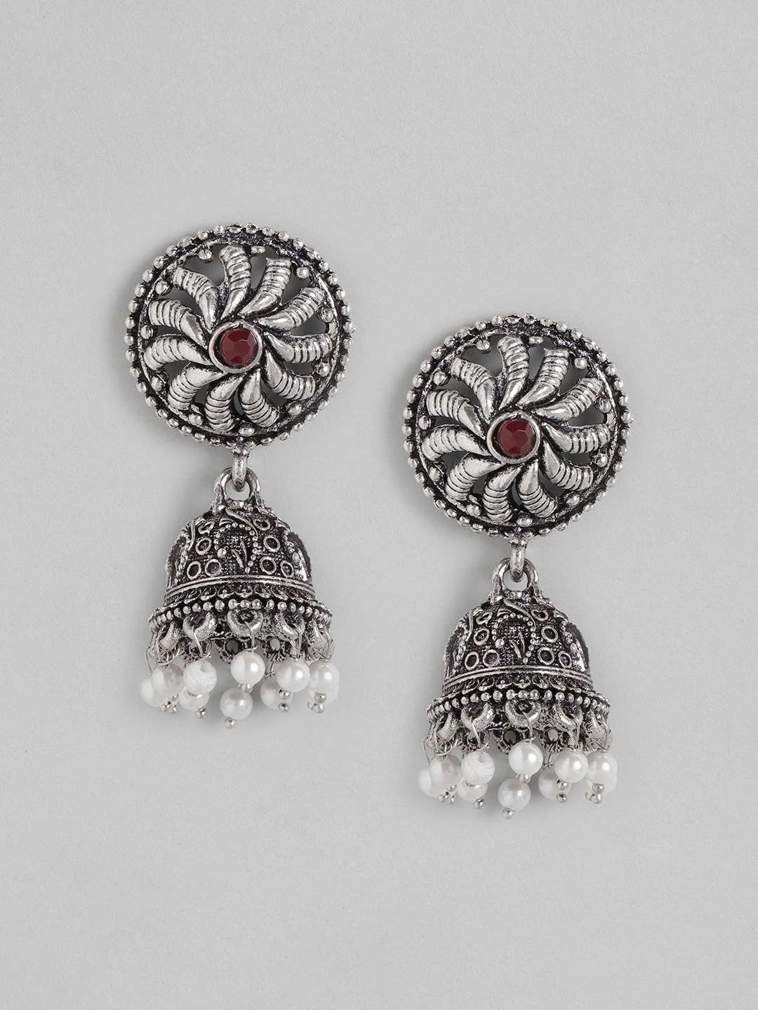 

Anouk Oxidised Silver-Toned Stone Studded & Beaded Dome Shaped Jhumkas
