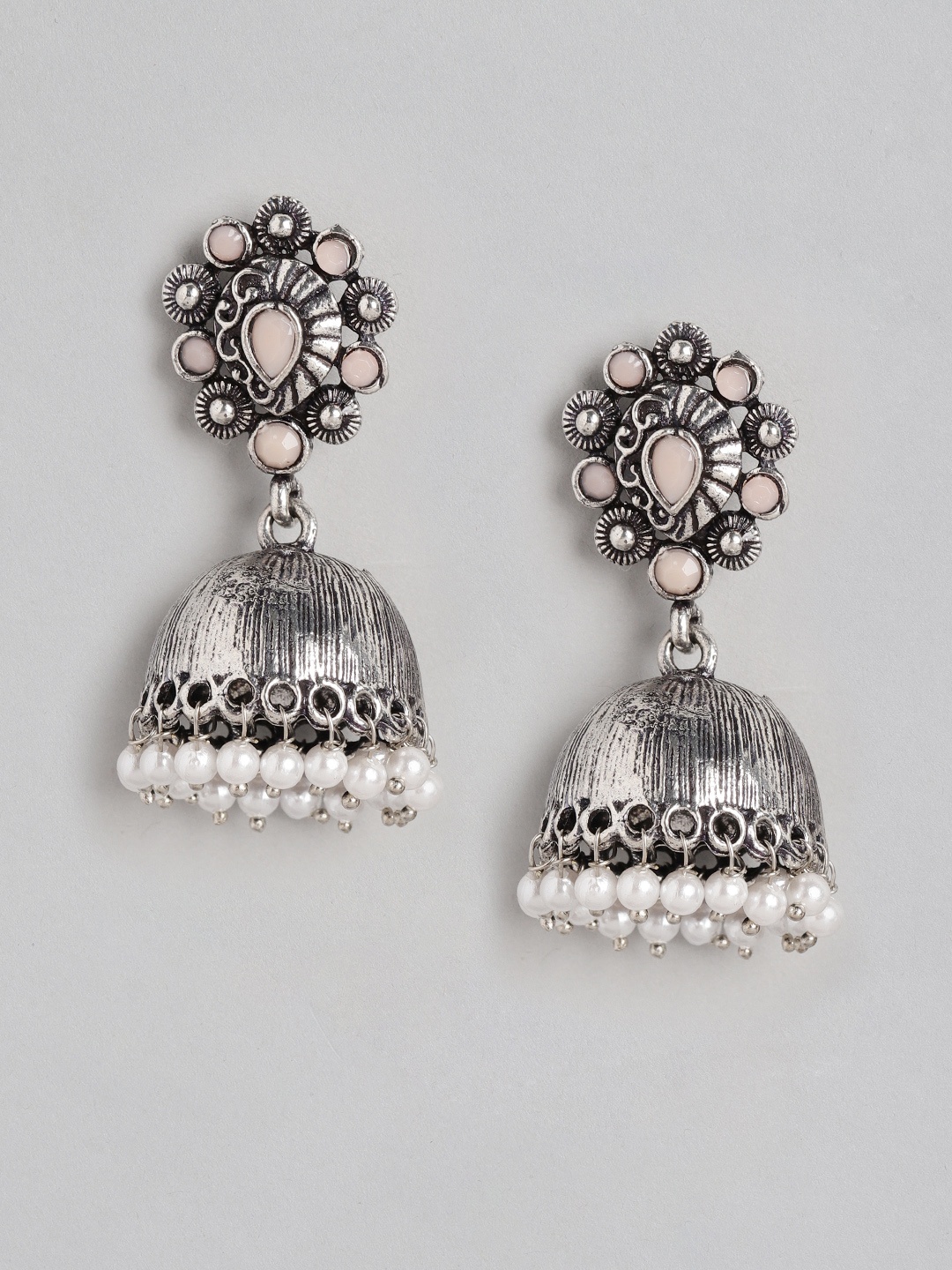 

Anouk Oxidised Silver-Toned & Pink Stone Studded & Beaded Dome Shaped Jhumkas