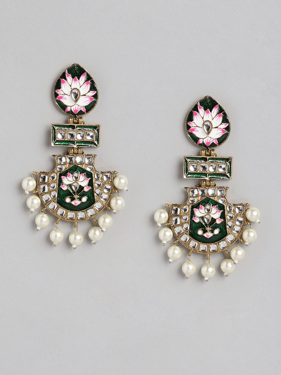 

Anouk Gold-Toned & Green Stone Studded & Beaded Enamelled Classic Drop Earrings