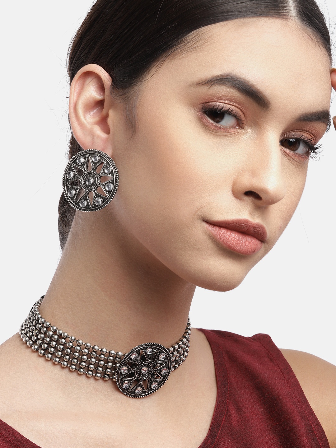 

Anouk Oxidised Silver-Toned Stone Studded Jewellery Set