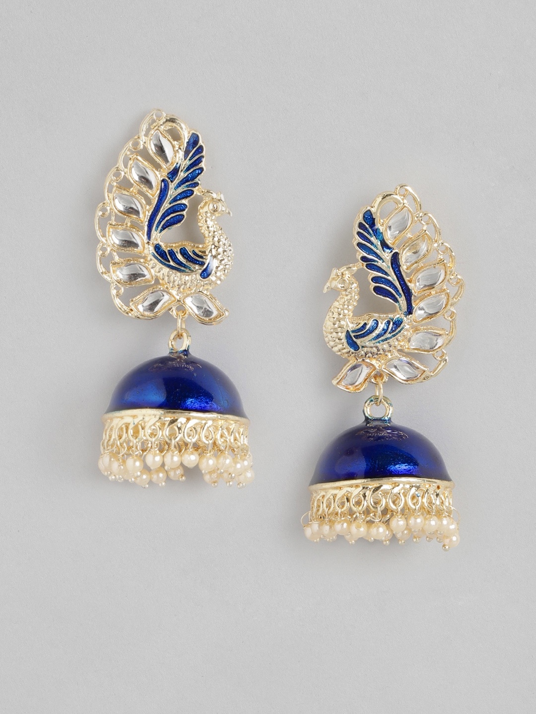 

Anouk Gold-Toned & Blue Stone Studded & Beaded Enamelled Dome Shaped Jhumkas
