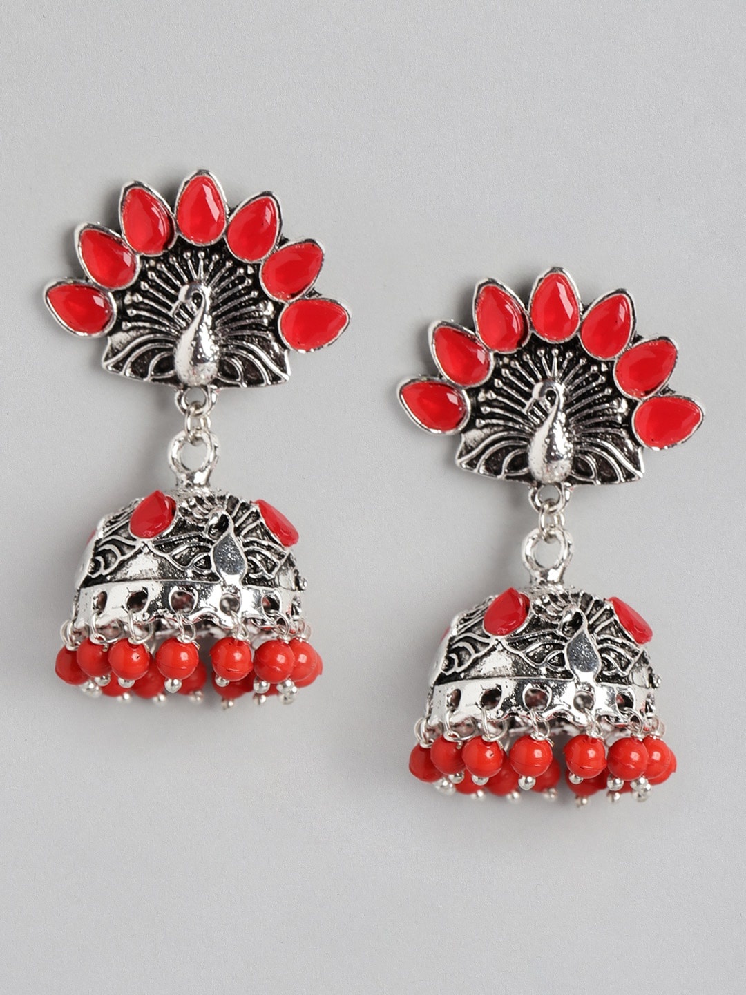 

Anouk Oxidised Silver-Toned & Red Stone Studded & Beaded Dome Shaped Jhumkas