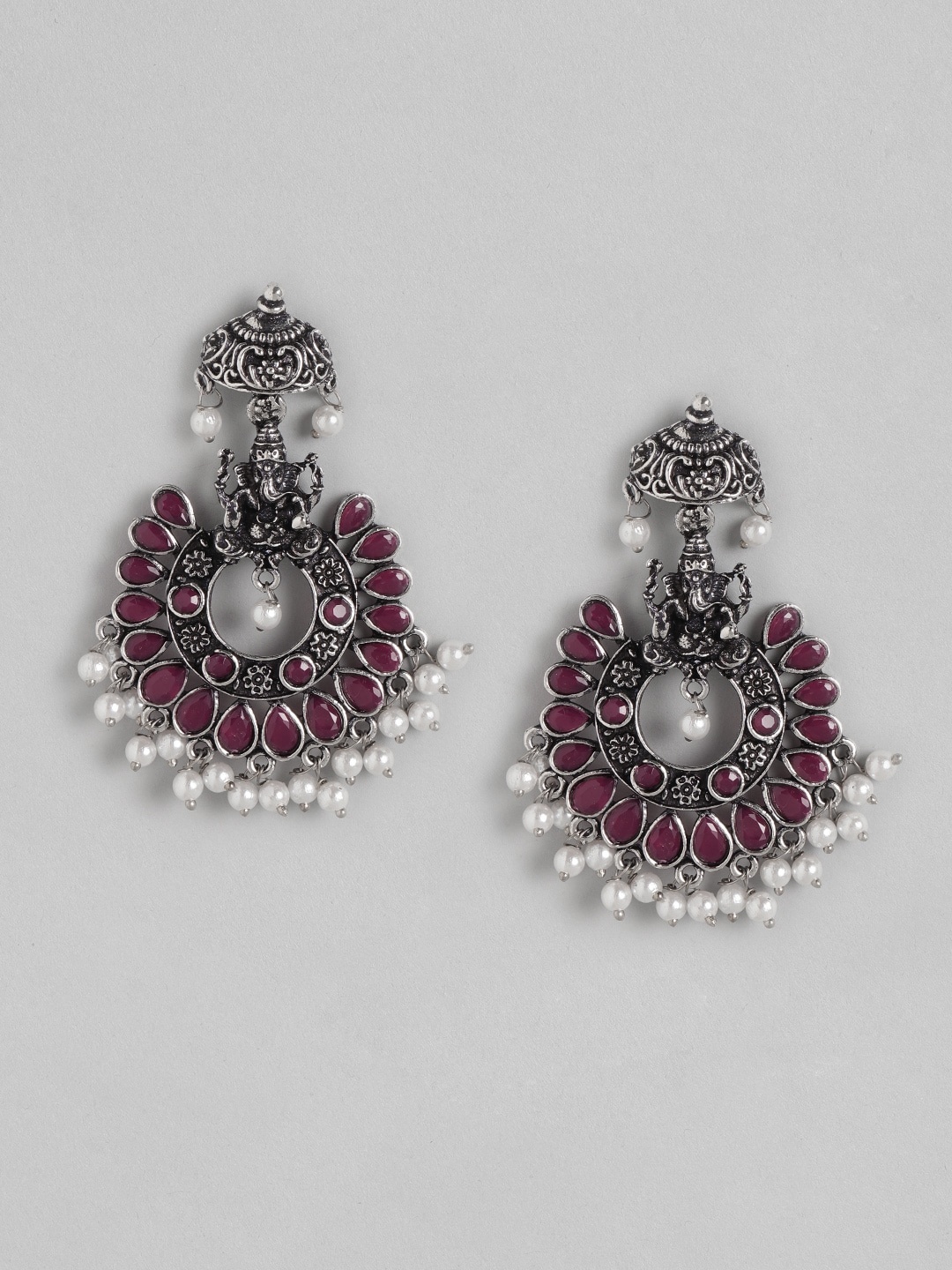 

Anouk Oxidised Silver-Toned & Magenta Stone Studded & Beaded Ganesh Chandbalis