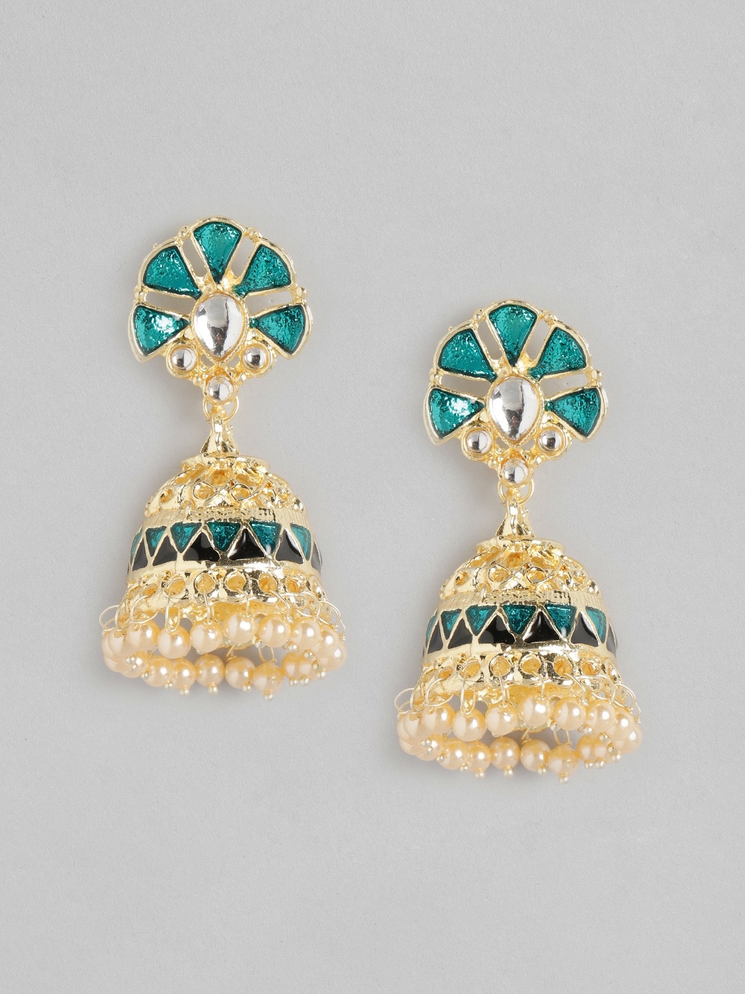

Anouk Gold-Toned & Green Enameled Stone Studded & Beaded Dome Shaped Jhumkas